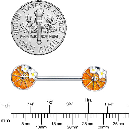 14G 9/16 Sweet Orange Fruit Flower Barbell Nipple Ring Set