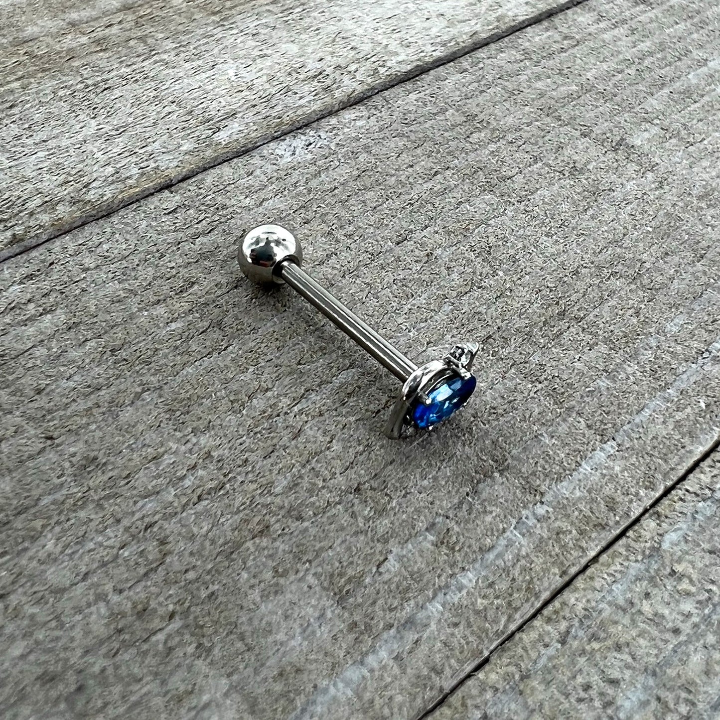 Clear Blue Gem Oval Swirl Barbell Tongue Ring