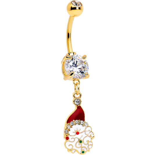 Clear Gem Gold Tone Decorated Santa Christmas Holiday Dangle Belly Ring