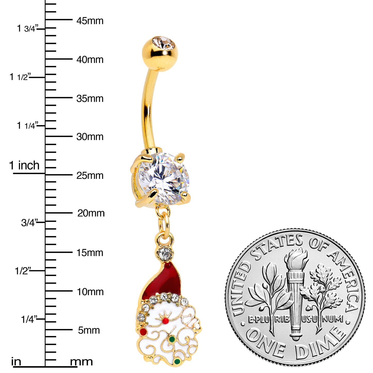 Clear Gem Gold Tone Decorated Santa Christmas Holiday Dangle Belly Ring