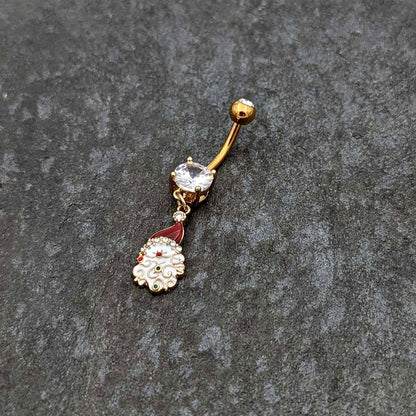 Clear Gem Gold Tone Decorated Santa Christmas Holiday Dangle Belly Ring