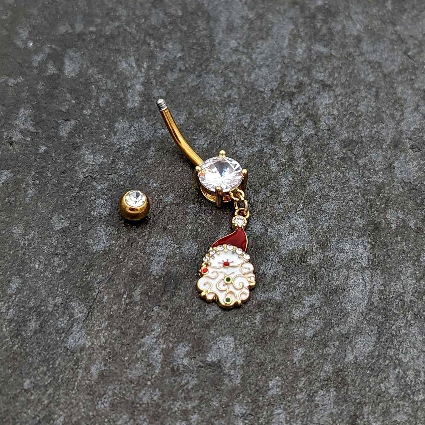 Clear Gem Gold Tone Decorated Santa Christmas Holiday Dangle Belly Ring
