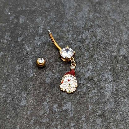 Clear Gem Gold Tone Decorated Santa Christmas Holiday Dangle Belly Ring