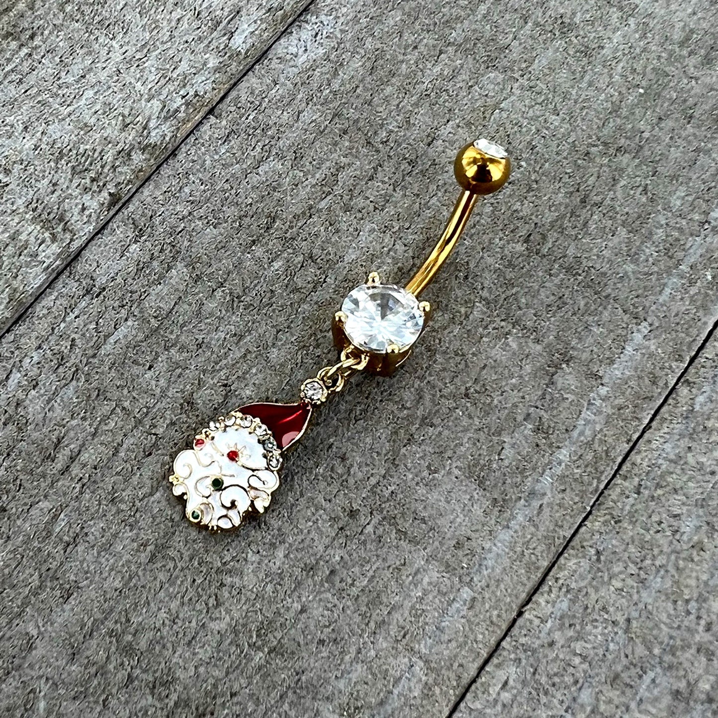 Clear Gem Gold Tone Decorated Santa Christmas Holiday Dangle Belly Ring
