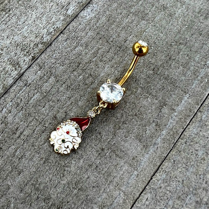Clear Gem Gold Tone Decorated Santa Christmas Holiday Dangle Belly Ring