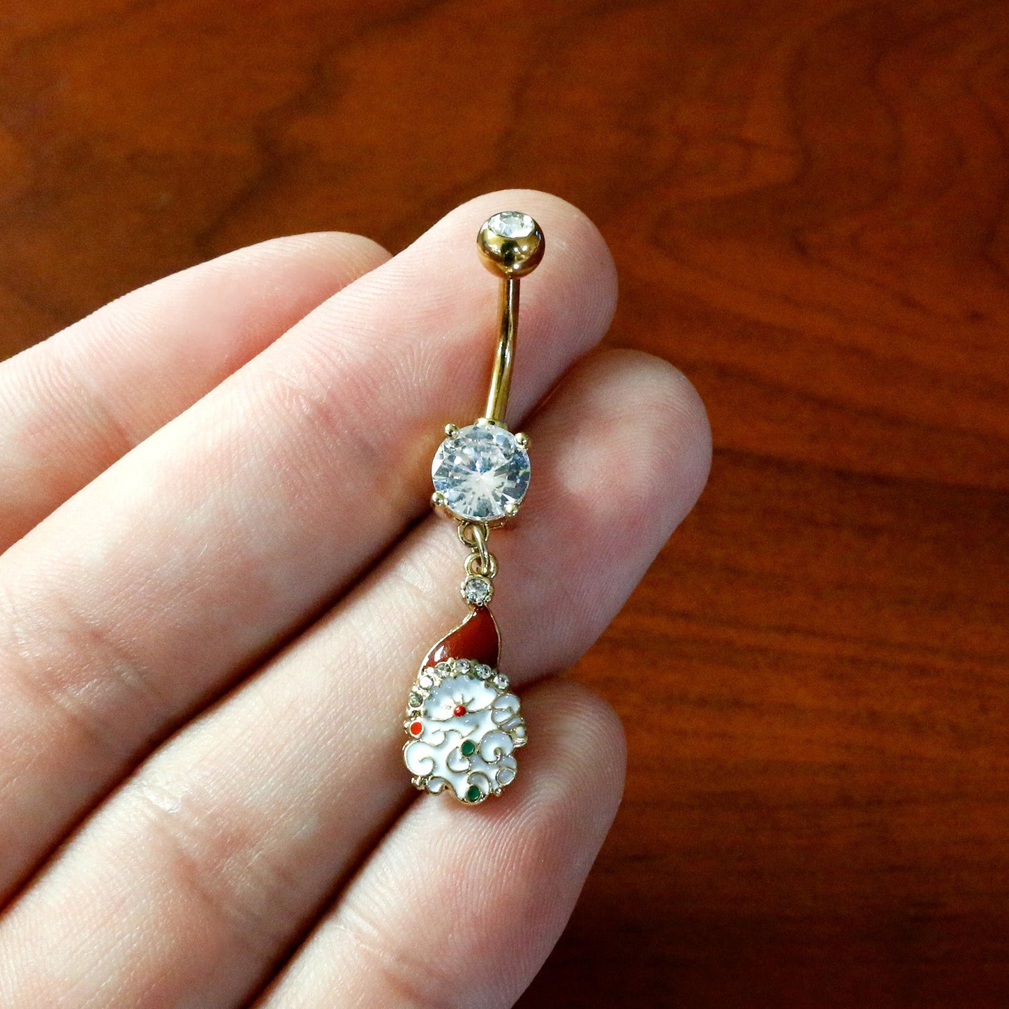 Clear Gem Gold Tone Decorated Santa Christmas Holiday Dangle Belly Ring