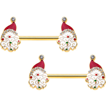 14G 1/2 Clear Gem Gold Tone Decorated Santa Barbell Nipple Ring Set