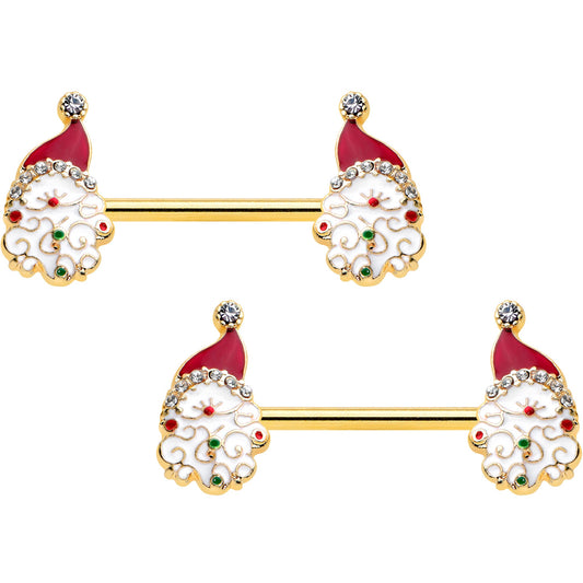 14G 1/2 Clear Gem Gold Tone Decorated Santa Barbell Nipple Ring Set