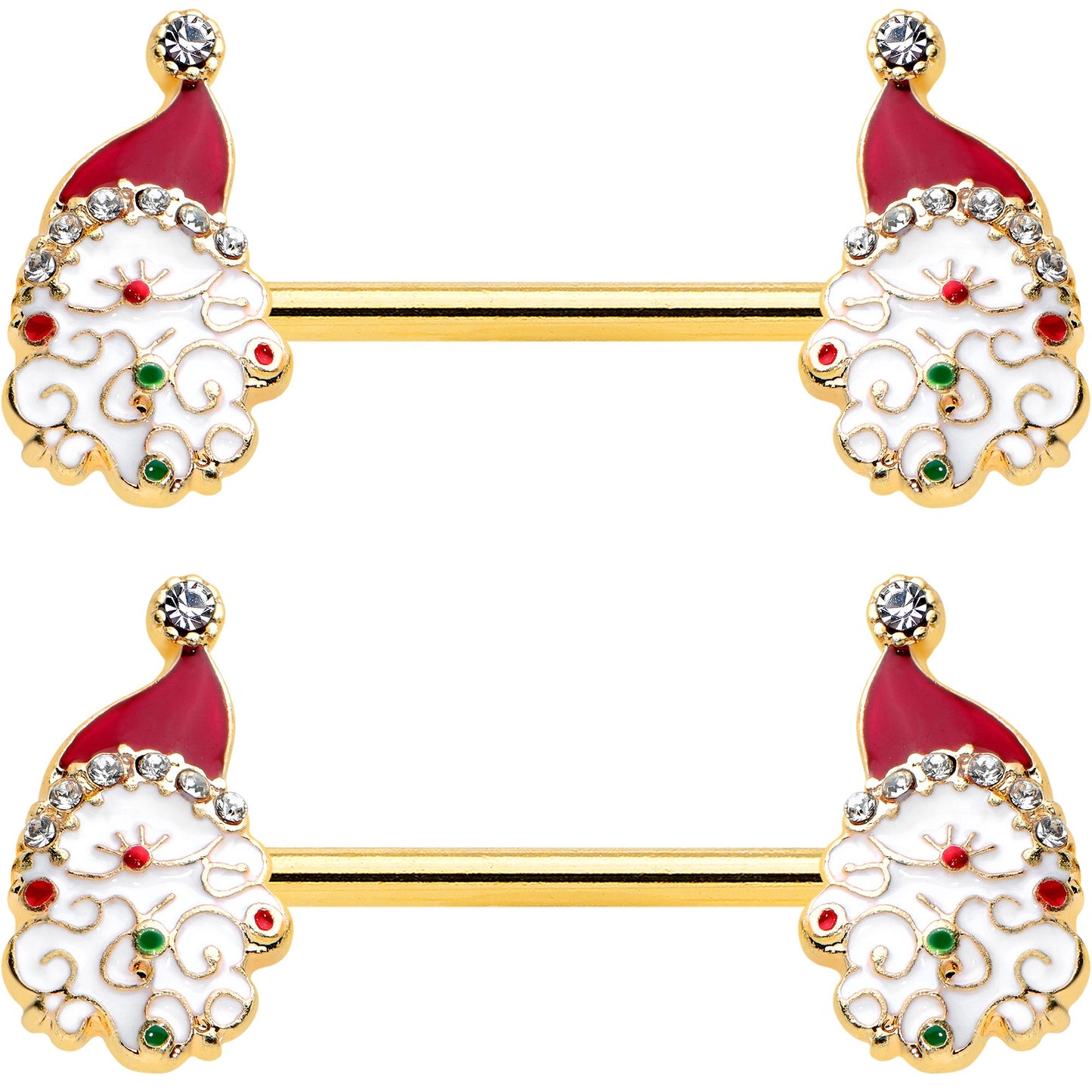 14G 1/2 Clear Gem Gold Tone Decorated Santa Barbell Nipple Ring Set