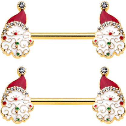 14G 1/2 Clear Gem Gold Tone Decorated Santa Barbell Nipple Ring Set