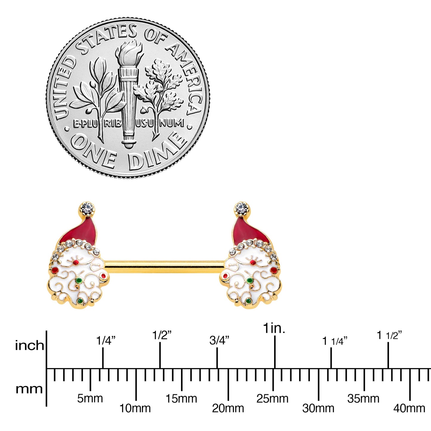 14G 1/2 Clear Gem Gold Tone Decorated Santa Barbell Nipple Ring Set