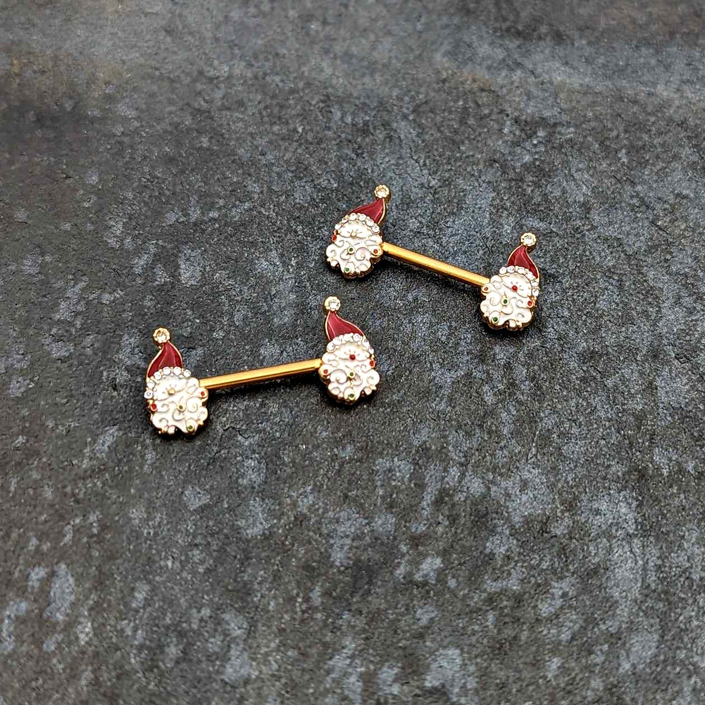 14G 1/2 Clear Gem Gold Tone Decorated Santa Barbell Nipple Ring Set