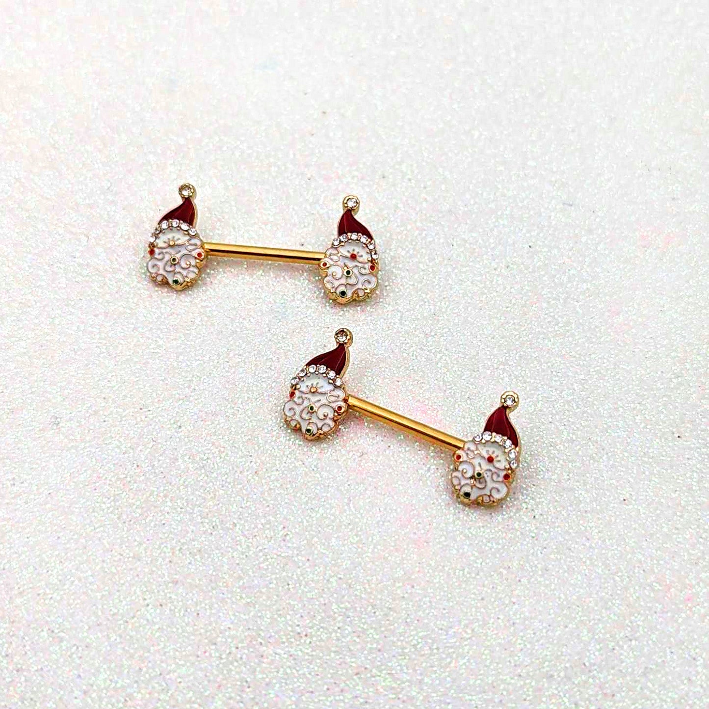 14G 1/2 Clear Gem Gold Tone Decorated Santa Barbell Nipple Ring Set