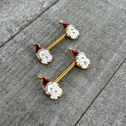14G 1/2 Clear Gem Gold Tone Decorated Santa Barbell Nipple Ring Set