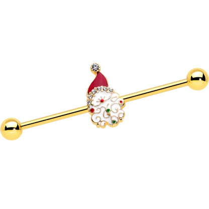 14G Clear Gem Gold Tone Decorated Santa Holiday Industrial Barbell 38mm