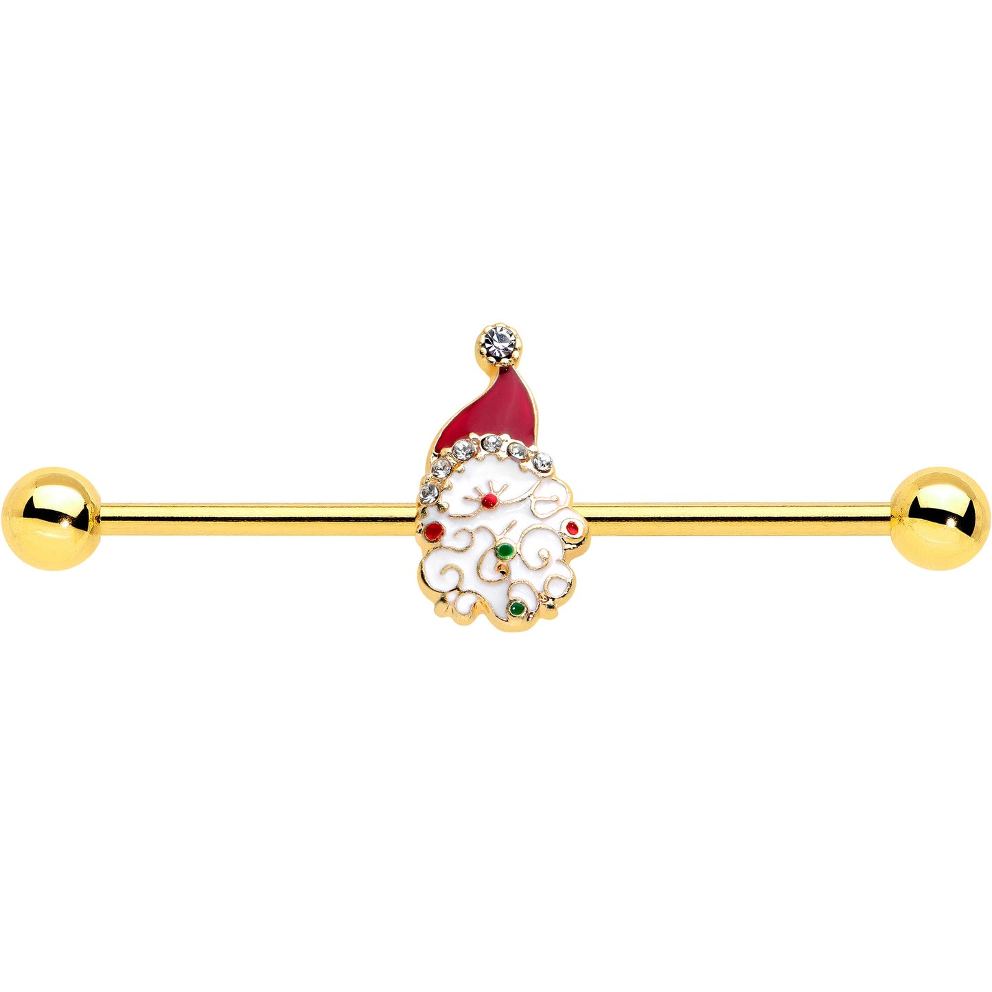 14G Clear Gem Gold Tone Decorated Santa Holiday Industrial Barbell 38mm