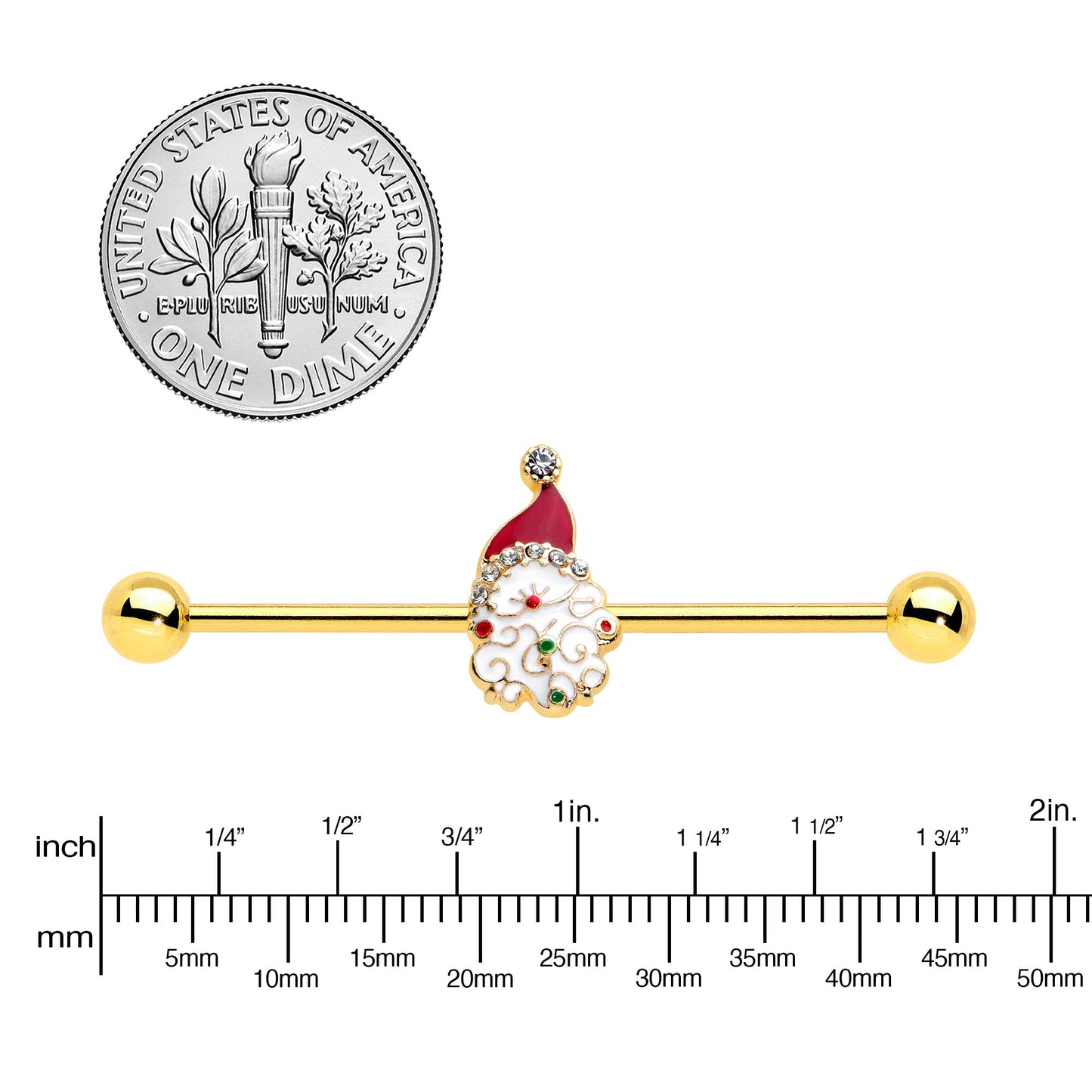 14G Clear Gem Gold Tone Decorated Santa Holiday Industrial Barbell 38mm