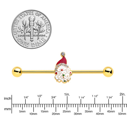 14G Clear Gem Gold Tone Decorated Santa Holiday Industrial Barbell 38mm