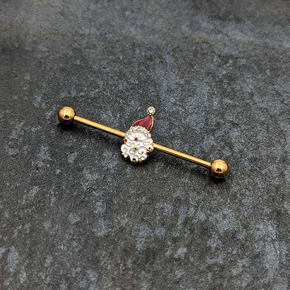 14G Clear Gem Gold Tone Decorated Santa Holiday Industrial Barbell 38mm