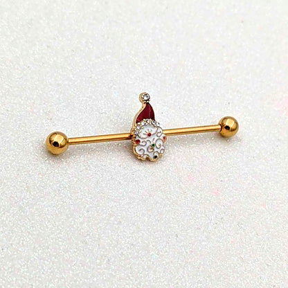 14G Clear Gem Gold Tone Decorated Santa Holiday Industrial Barbell 38mm