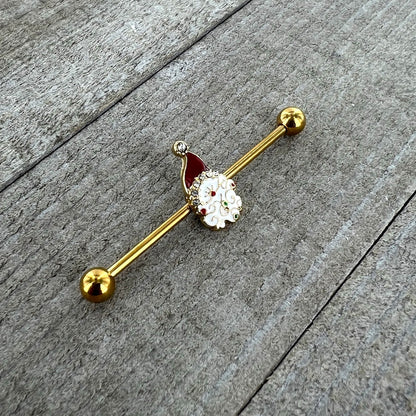 14G Clear Gem Gold Tone Decorated Santa Holiday Industrial Barbell 38mm
