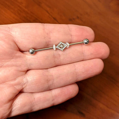 14G Clear Gem Double Rhombus Deco Industrial Barbell 38mm