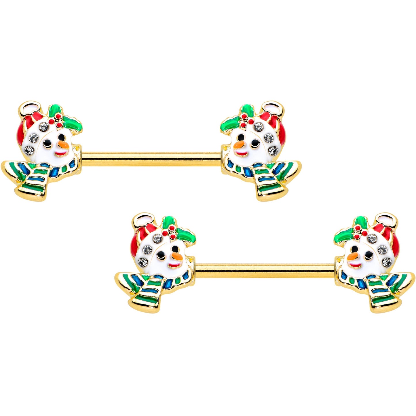 14G 9/16 Clear Gem Gold Tone Snowman Christmas Nipple Ring Set
