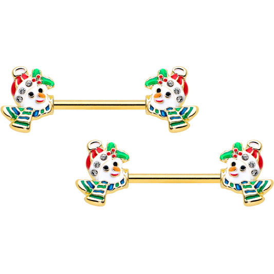 14G 9/16 Clear Gem Gold Tone Snowman Christmas Nipple Ring Set