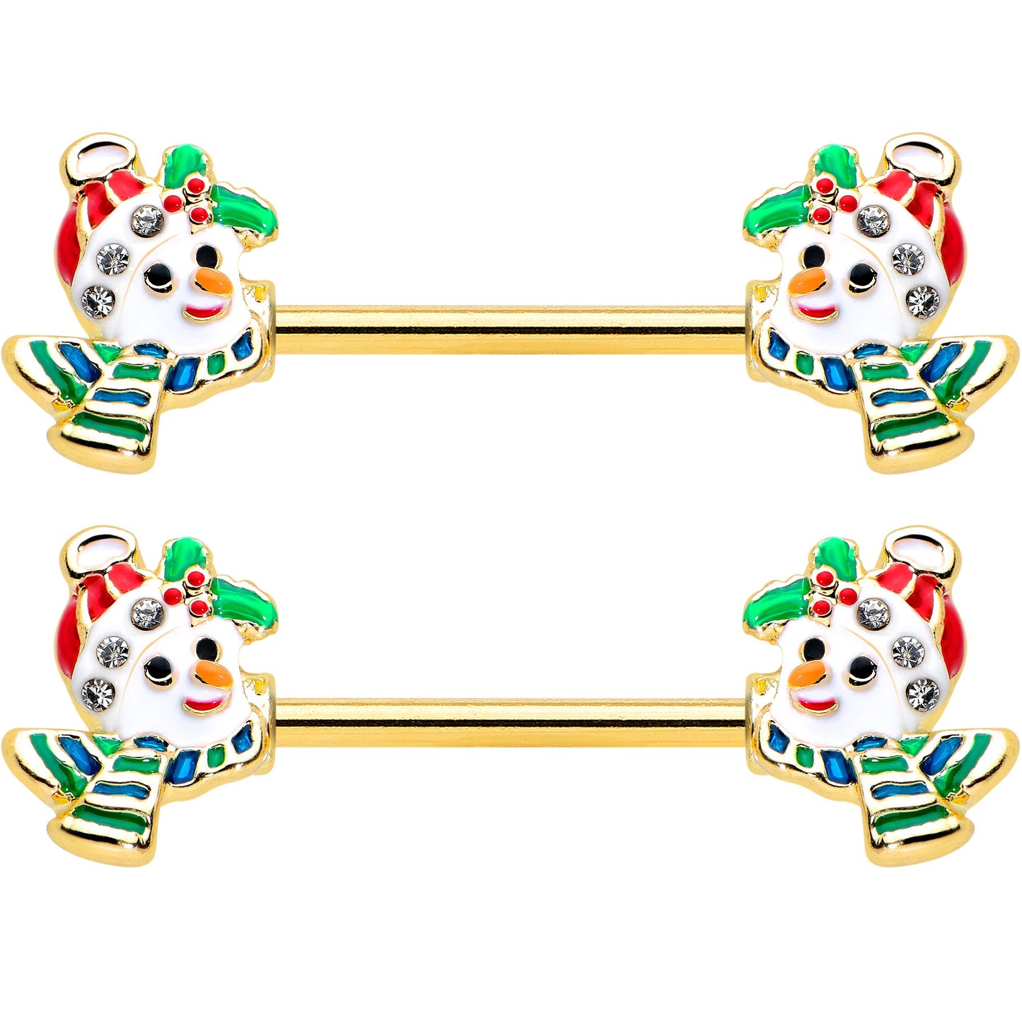 14G 9/16 Clear Gem Gold Tone Snowman Christmas Nipple Ring Set