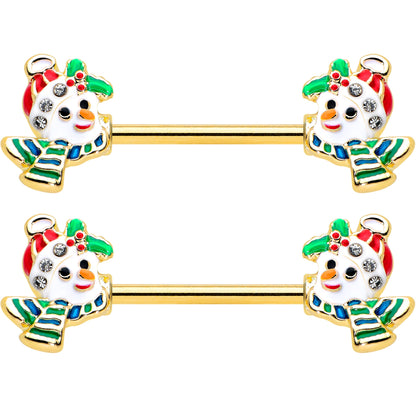 14G 9/16 Clear Gem Gold Tone Snowman Christmas Nipple Ring Set