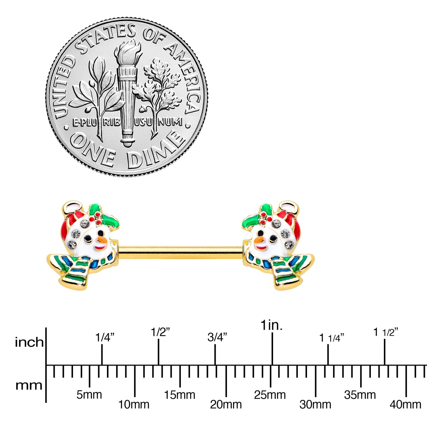 14G 9/16 Clear Gem Gold Tone Snowman Christmas Nipple Ring Set