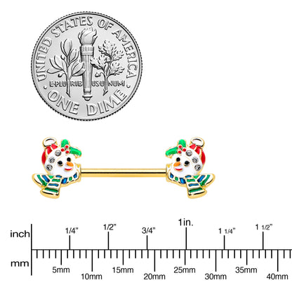 14G 9/16 Clear Gem Gold Tone Snowman Christmas Nipple Ring Set