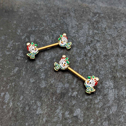 14G 9/16 Clear Gem Gold Tone Snowman Christmas Nipple Ring Set