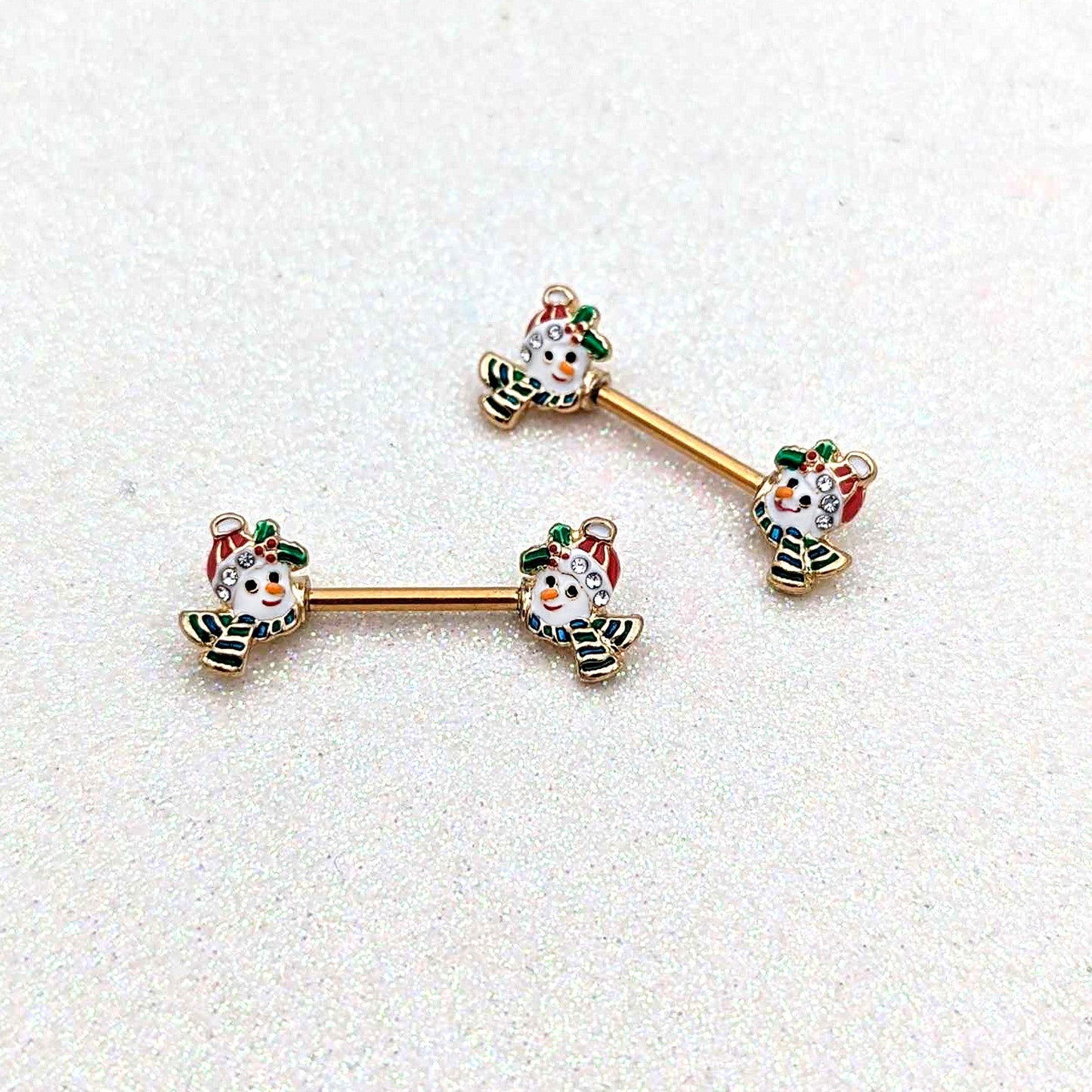 14G 9/16 Clear Gem Gold Tone Snowman Christmas Nipple Ring Set