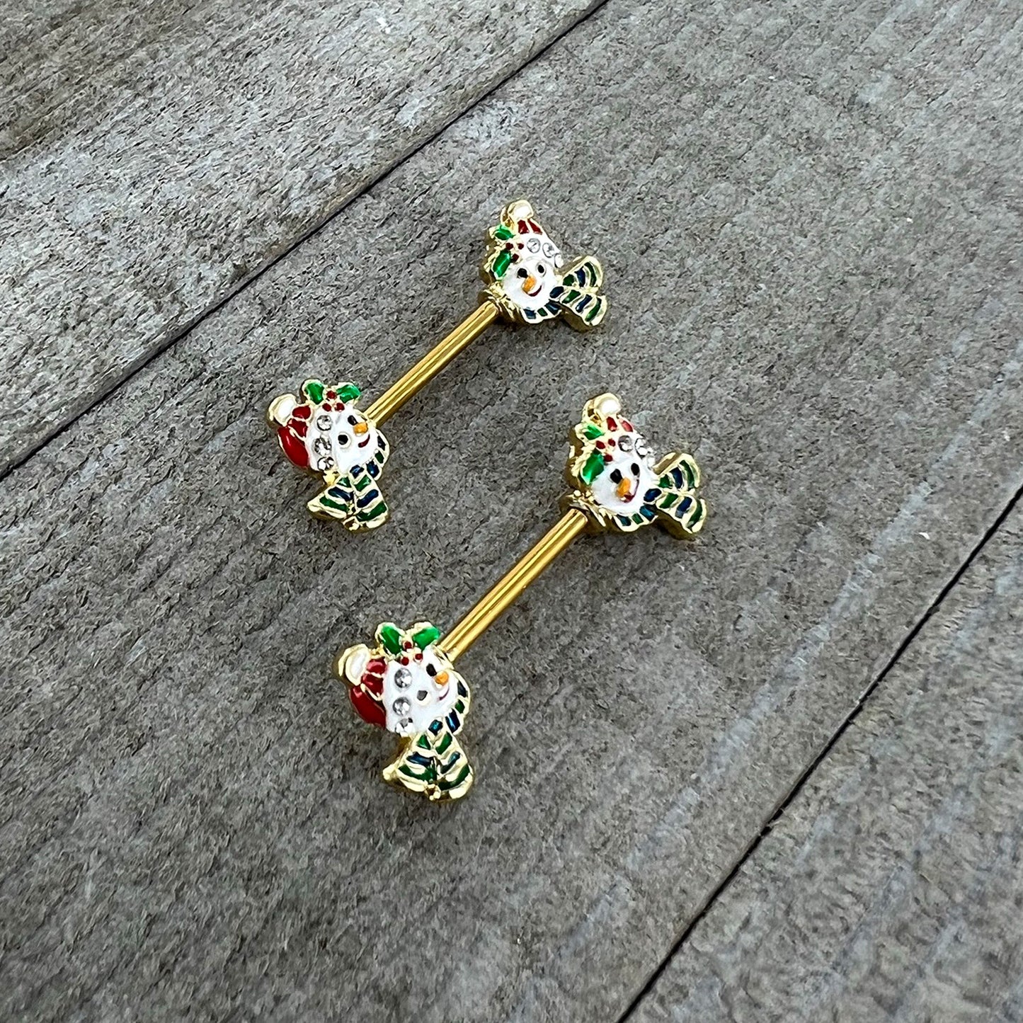 14G 9/16 Clear Gem Gold Tone Snowman Christmas Nipple Ring Set