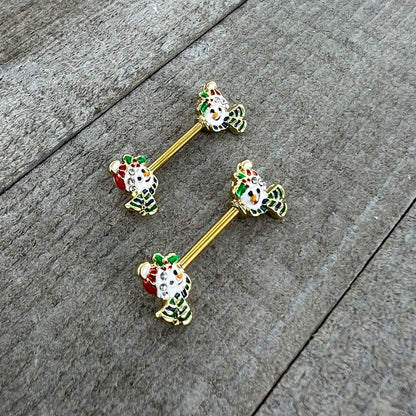 14G 9/16 Clear Gem Gold Tone Snowman Christmas Nipple Ring Set