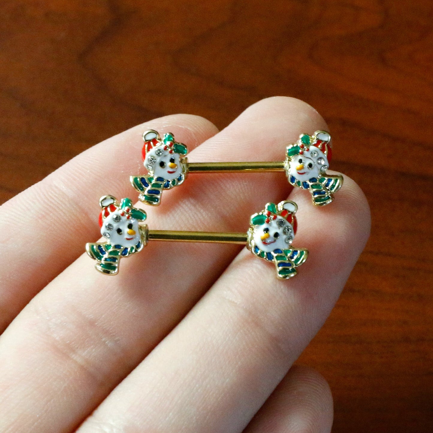 14G 9/16 Clear Gem Gold Tone Snowman Christmas Nipple Ring Set