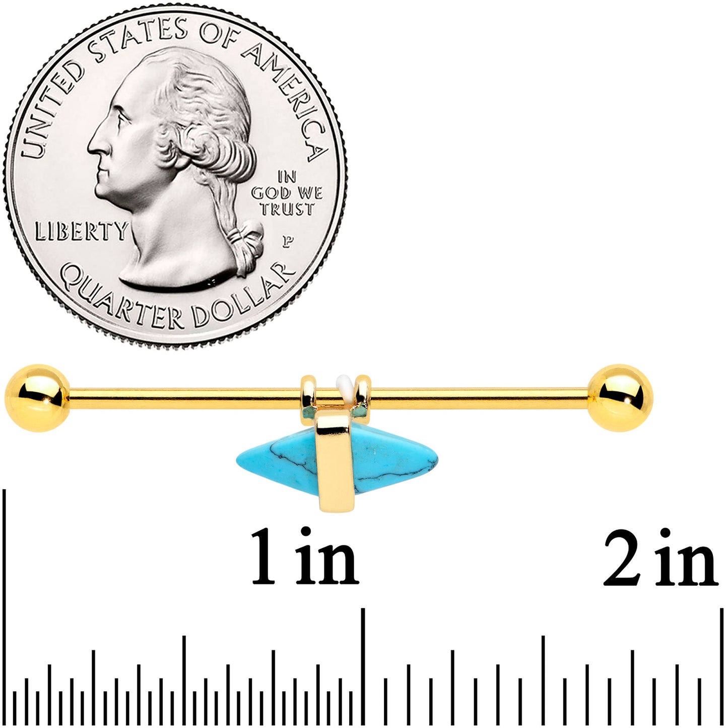 14G Blue Faux Turquoise Gold Tone Stone Hippie Industrial Barbell 38mm