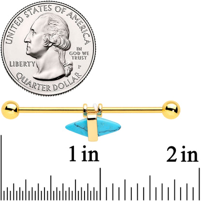 14G Blue Faux Turquoise Gold Tone Stone Hippie Industrial Barbell 38mm