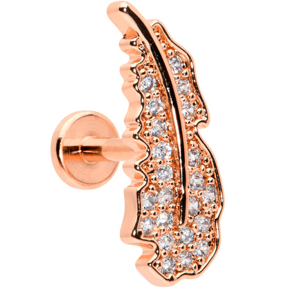 16G 1/4 Clear CZ Rosy Hue Feather Internal Threaded Labret Tragus