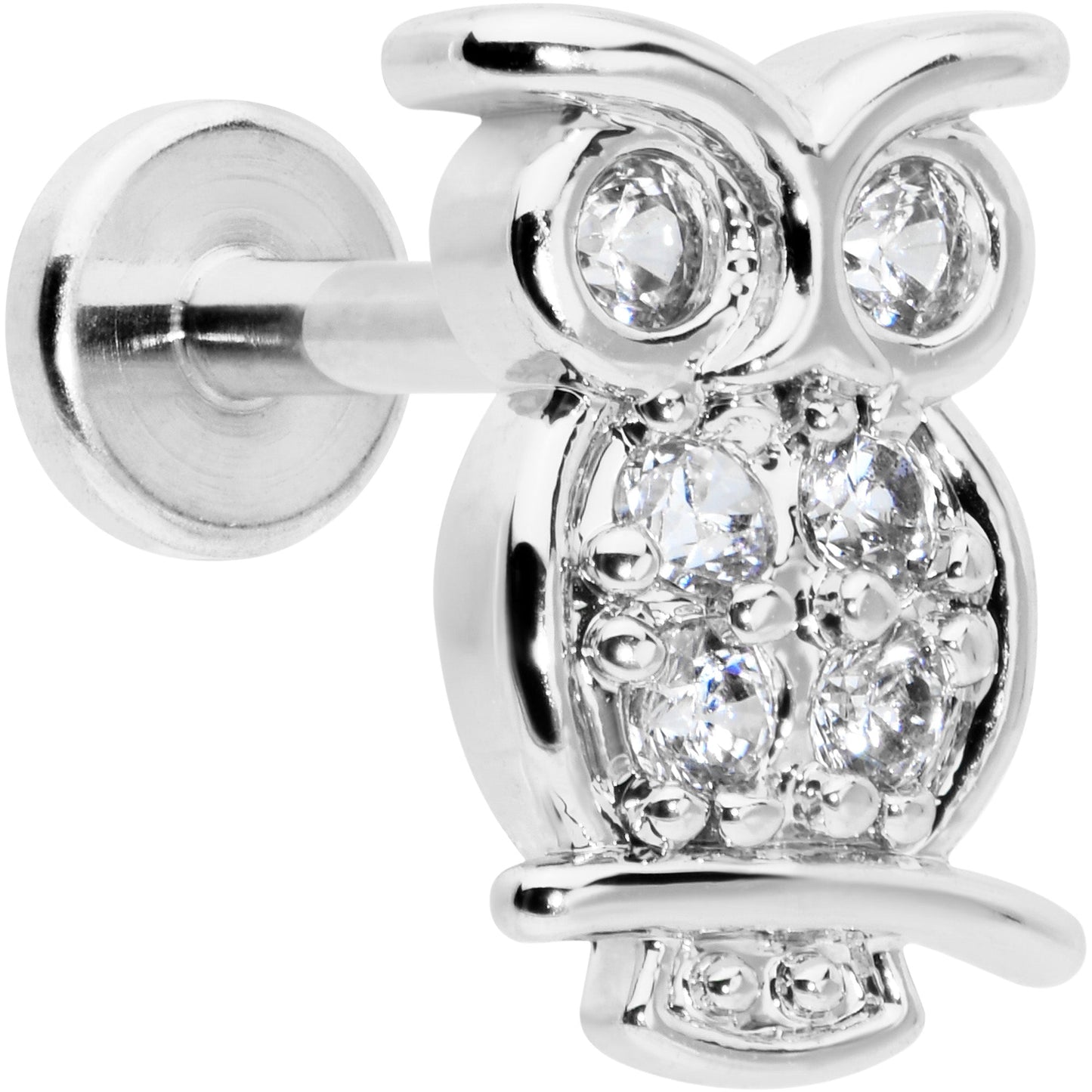 16G 1/4 Clear CZ Gem Owl Internal Thread Labret Monroe Tragus