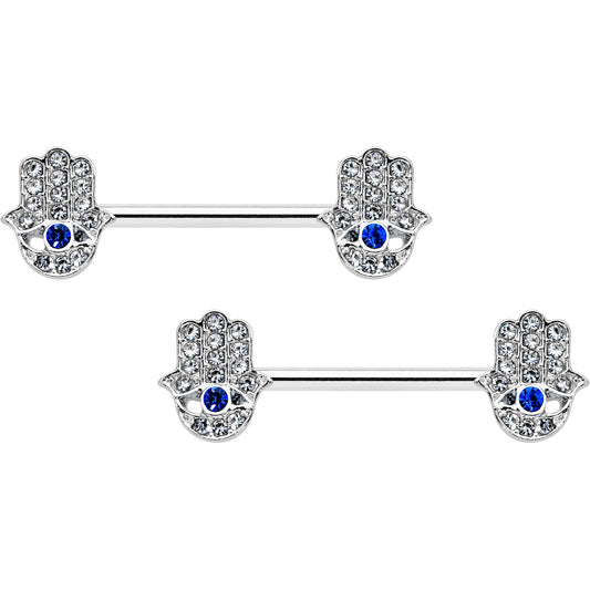 14G 9/16 Clear Blue Gem Eye Hamsa Hand Barbell Nipple Ring Set