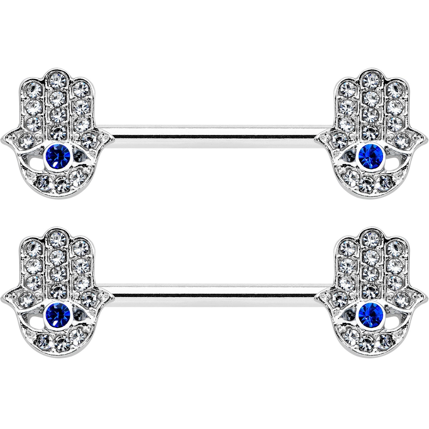 14G 9/16 Clear Blue Gem Eye Hamsa Hand Barbell Nipple Ring Set