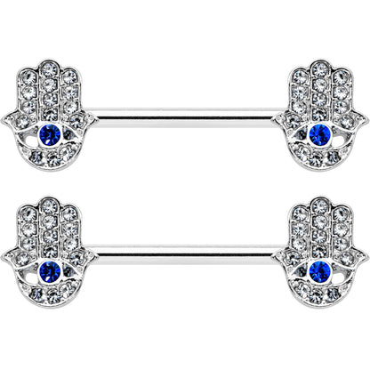 14G 9/16 Clear Blue Gem Eye Hamsa Hand Barbell Nipple Ring Set