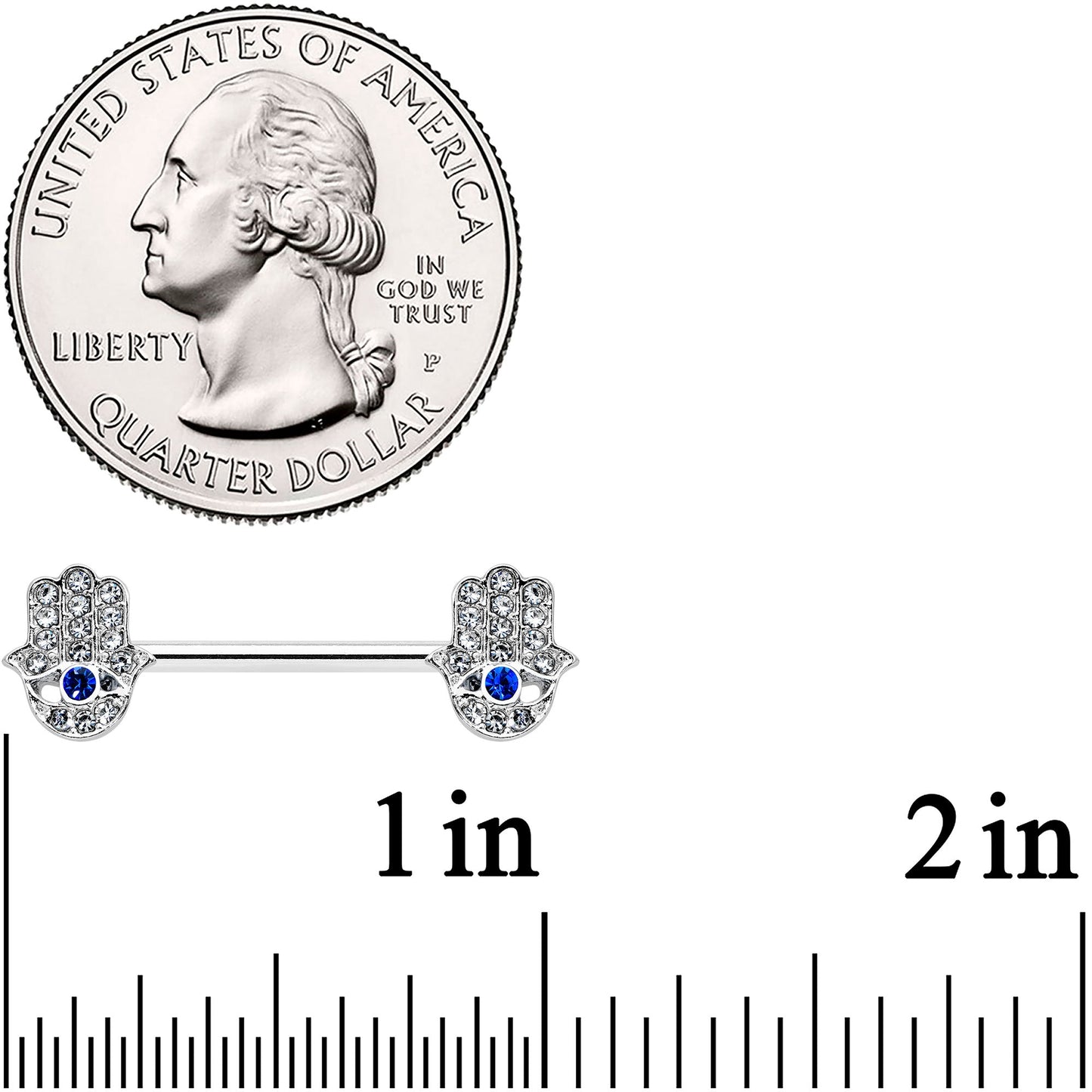 14G 9/16 Clear Blue Gem Eye Hamsa Hand Barbell Nipple Ring Set