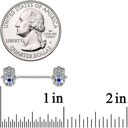 14G 9/16 Clear Blue Gem Eye Hamsa Hand Barbell Nipple Ring Set