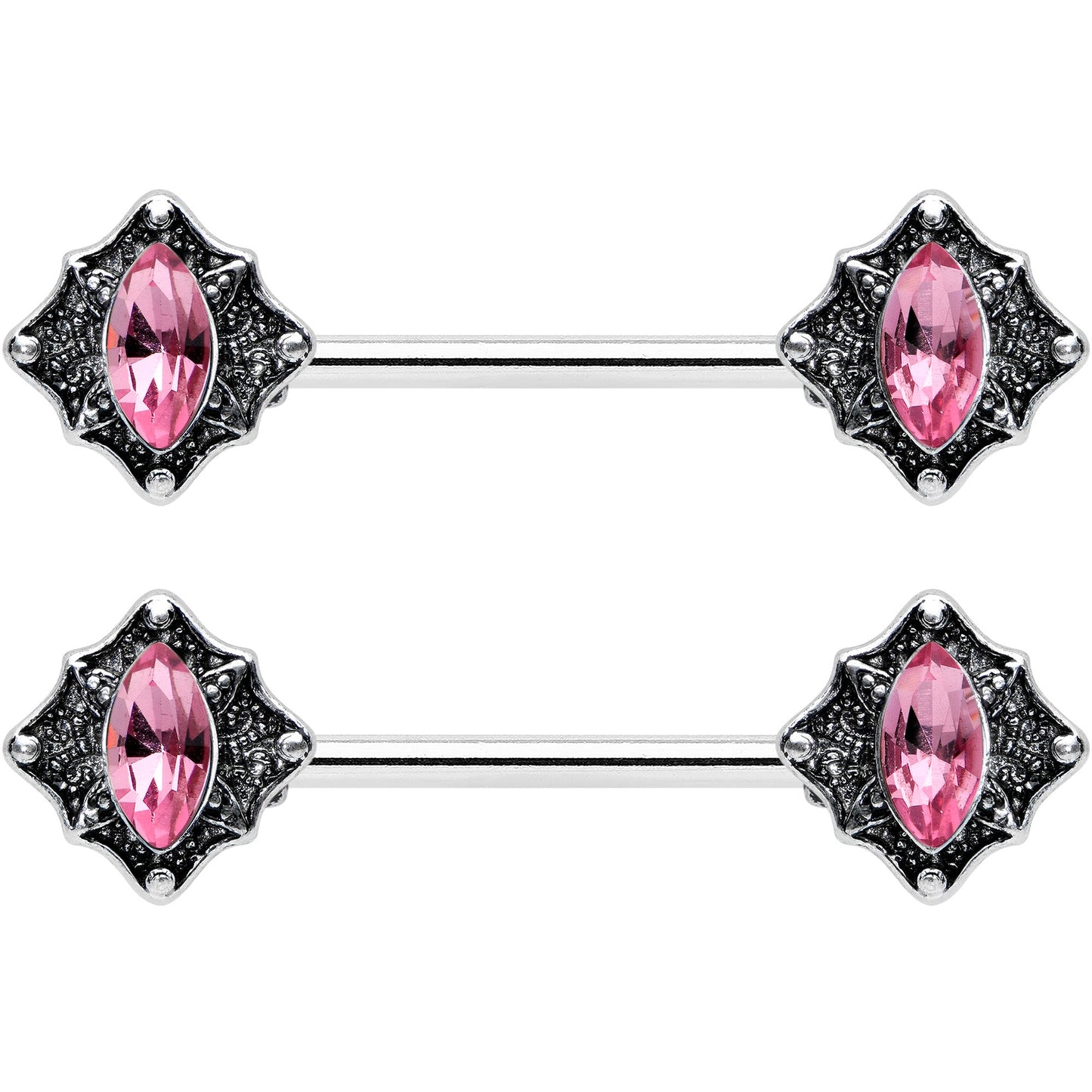 14G 9/16 Pink Gem Rhombus Retro Barbell Nipple Ring Set