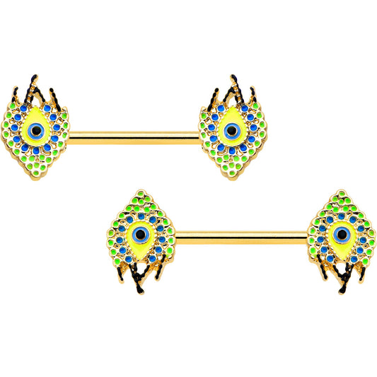 14G 9/16 Gold Tone Bold Peacock Feather Barbell Nipple Ring Set