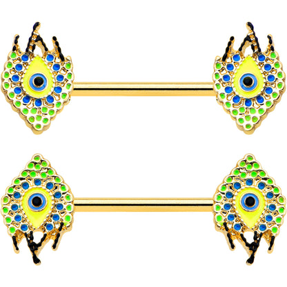 14G 9/16 Gold Tone Bold Peacock Feather Barbell Nipple Ring Set