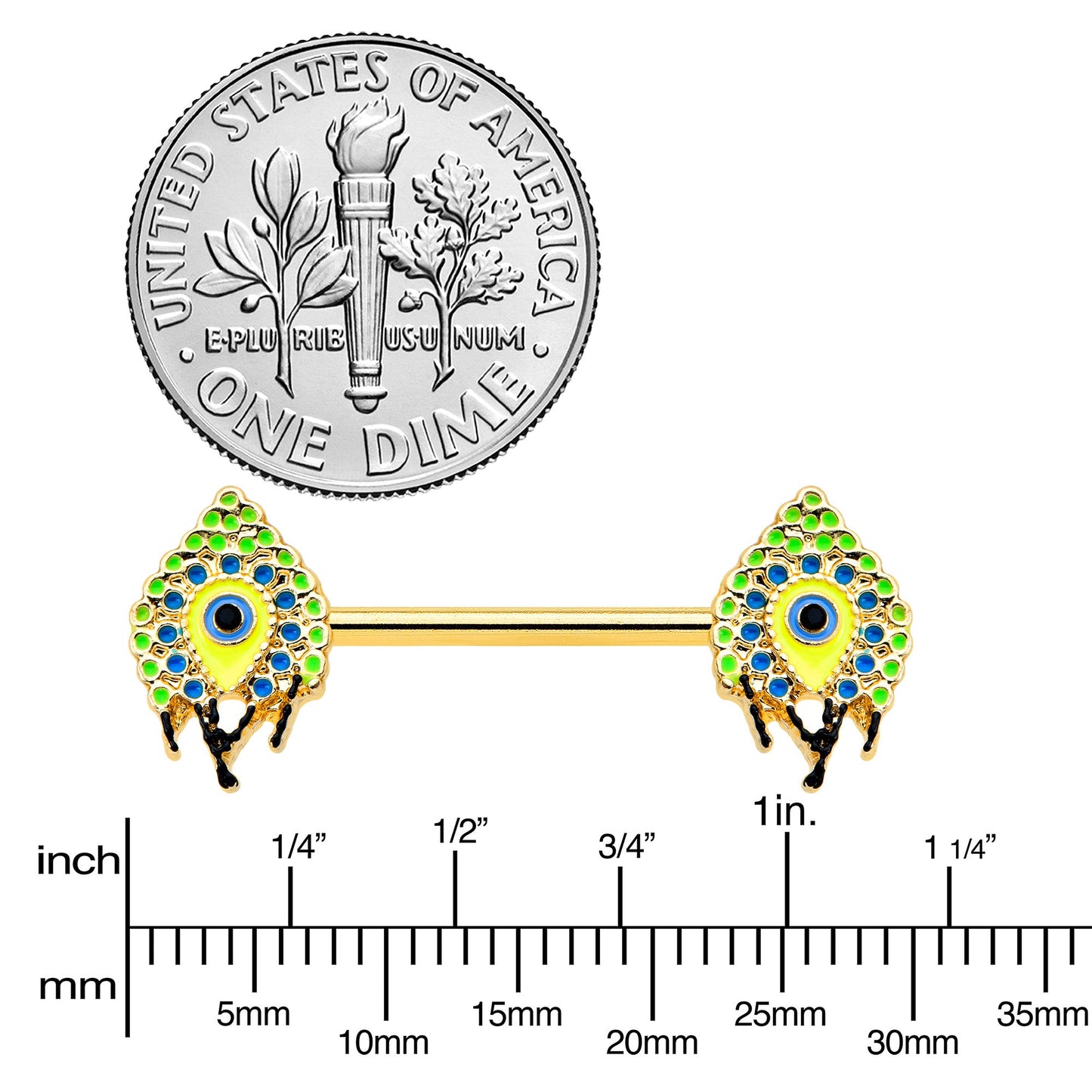 14G 9/16 Gold Tone Bold Peacock Feather Barbell Nipple Ring Set